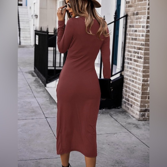 SHIBEVER Casual Dresses for Women V Neck Long Sleeve Front Waist Ribbed - Picture 3 of 7